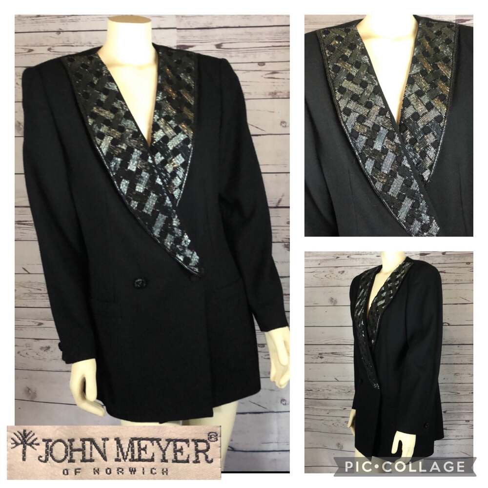 1980s–90s Vintage John Meyer of Norwich Black Beaded Shawl Collar Blazer large - Picture 4 of 13